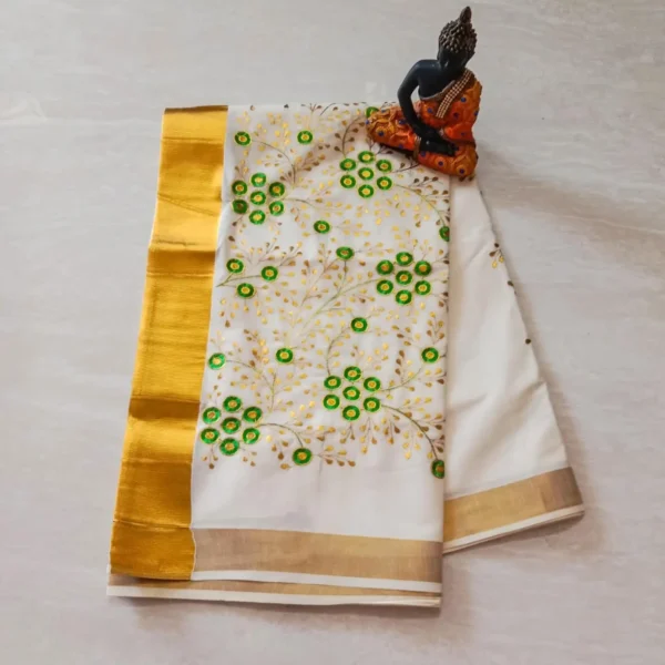 kerala traditional Cotton Embroidery Saree